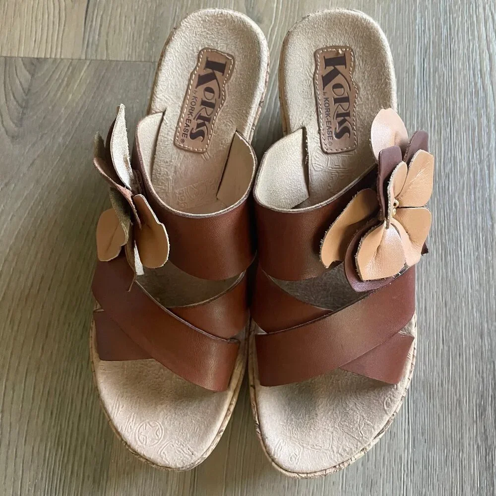 Korks Rosette Cork Wedge Sandals Leather Flower Women's 8 Y2K Summer Brown! - Picture 2 of 8